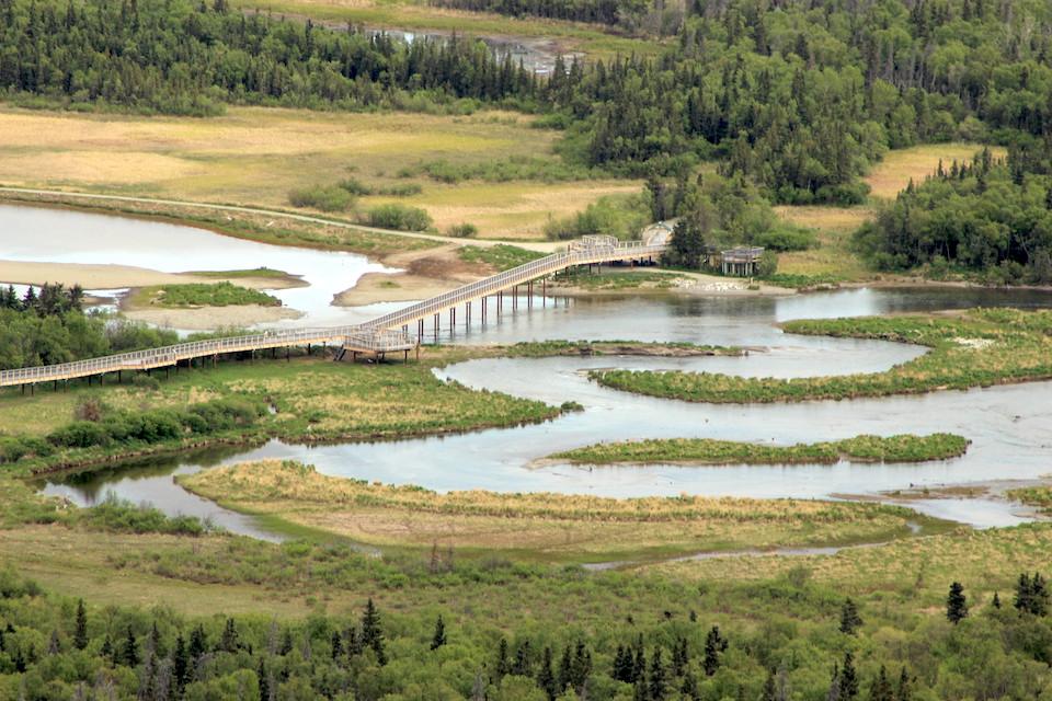 An aerial view of the new bridge crossing the Brooks River at Katmai National Park/NPS