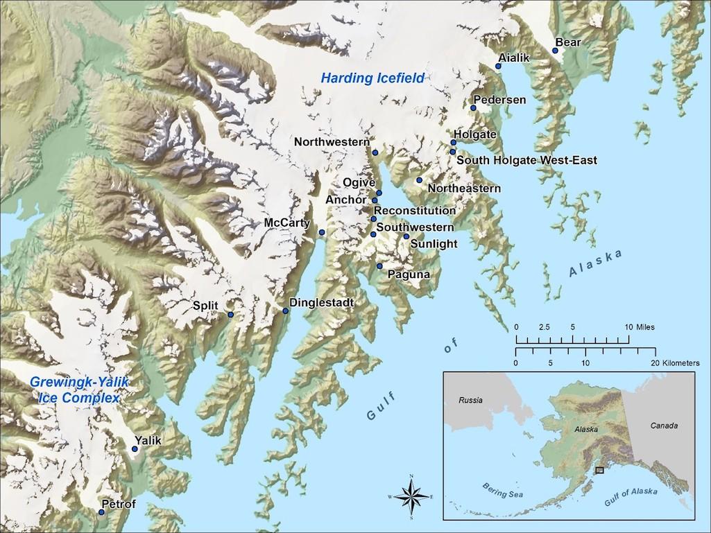 This map shows the locations of Kenai Fjords' glaciers/NPS