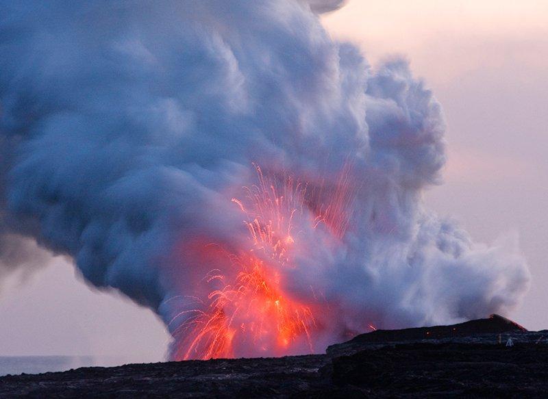 Explosion sends lava fragments skyward at Kīlauea Volcano’s ocean entry in 1969. Credit: B. Gaddis, USGS