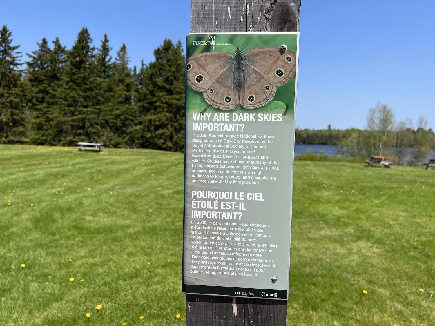 At a picnic spot called La Source in Kouchibouguac, interpretive signs promote the park's dark skies. At a picnic spot called La Source in Kouchibouguac, interpretive signs promote the park's dark skies.