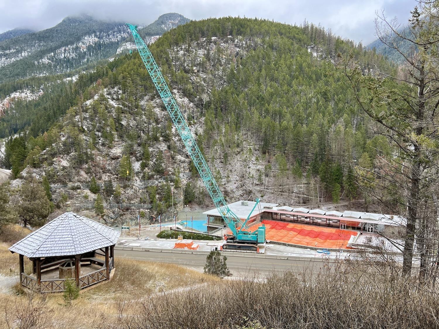 A view of the renovations to Radium Hot Springs and its cool pool in November 2023.