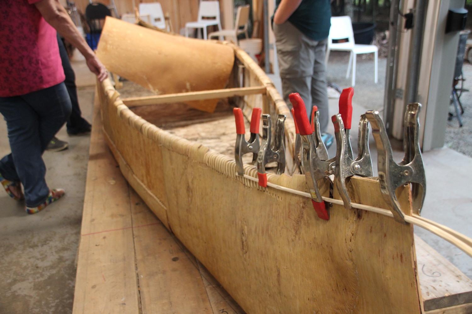 One of Todd Labrador's birchbark canoes in progress during a 2019 workshop.