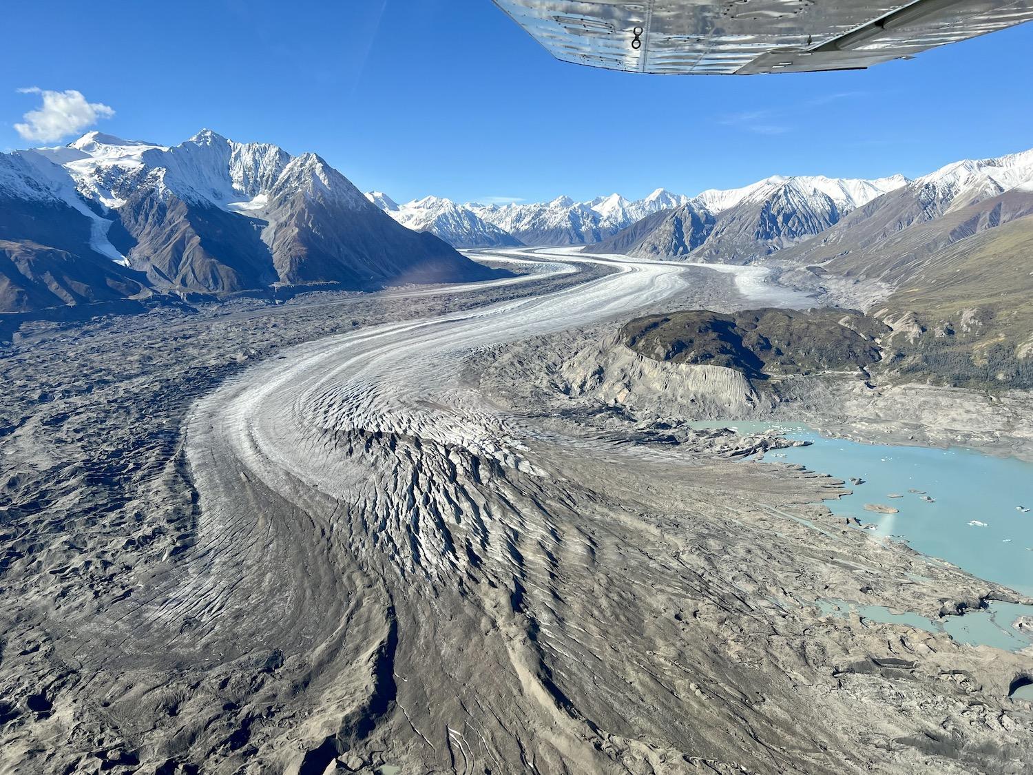 Views of the Kaskawulsh Glacier and St. Elias Mountains while on a flightseeing tour with Icefield Discovery.