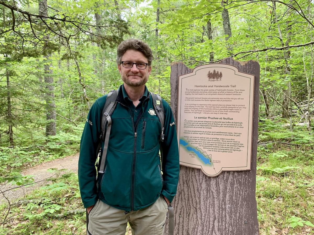 Parks Canada nature legacy ecologist Matt Smith on Kejimkujik's Hemlocks and Hardwoods trail.