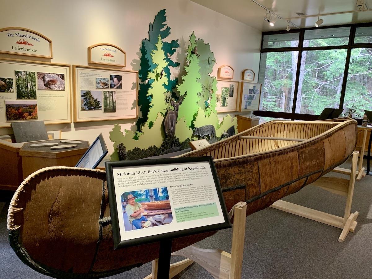 A Mi'kmaq birch bark canoe can be found in the visitor center at Kejimkujik National Park and National Historic Site in Nova Scotia.