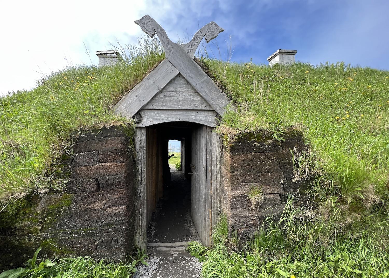 A reconstructed sod building at the Viking encampment at L'Anse aux Meadows National Historic Site.
