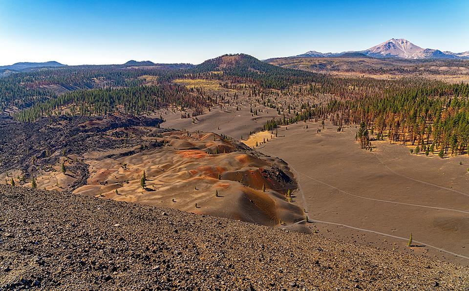 A view of Lassen Peak and volcanic landscape seen from atop Cinder Cone, Lassen Volcanic National Park / Rebecca Latson