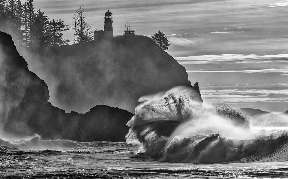 Crashing waves and bright sunlight rendered in black-and-white, Cape Disappointment State Park, Louis and Clark National Historic Trail / Rebecca Latson
