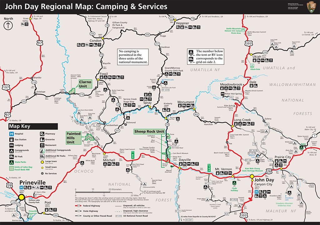 Camping and services map around John Day Fossil Beds National Monument / NPS