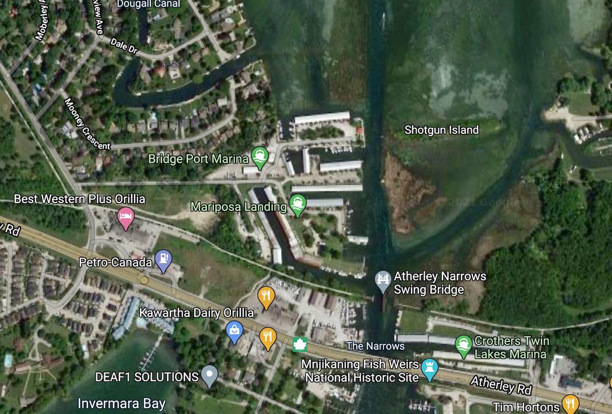 A satellite view of Atherley Narrows.