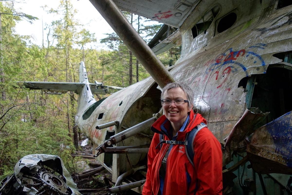 Parks Canada historian Meg Stanley at the Canso Bomber crash site in Pacific Rim National Park Reserve.