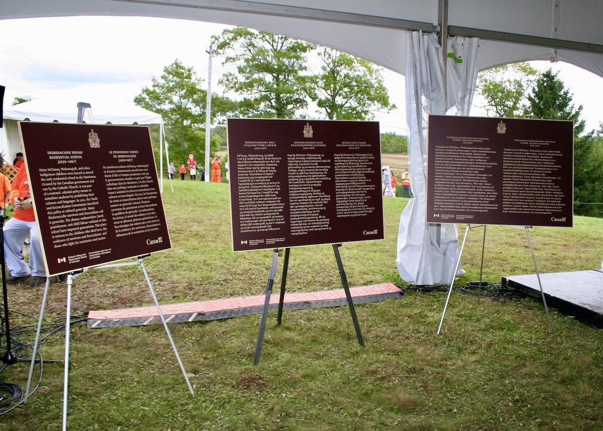 Multilingual commemorative plaques at the former Shubenacadie Indian Residential School — designated a national historic site in July 2020 — in Nova Scotia.