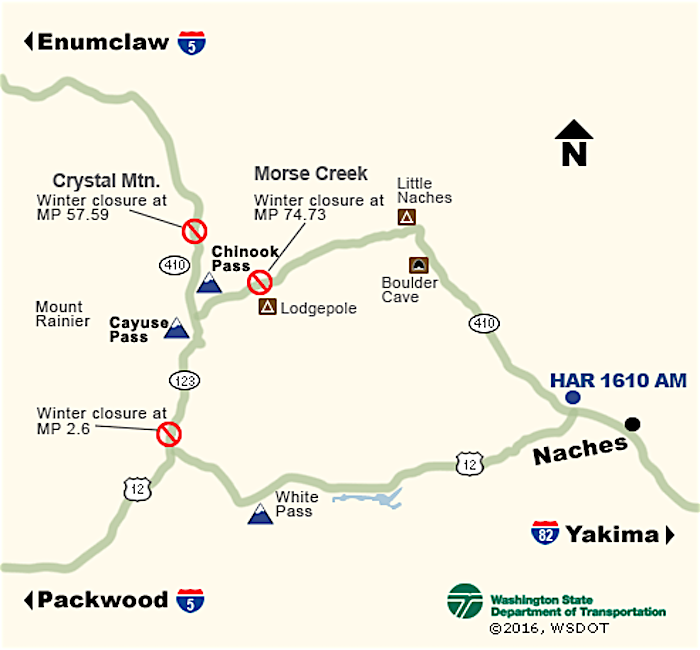 Map of Chinook and Cayuse passes at Mount Rainier National Park/Washington DOT