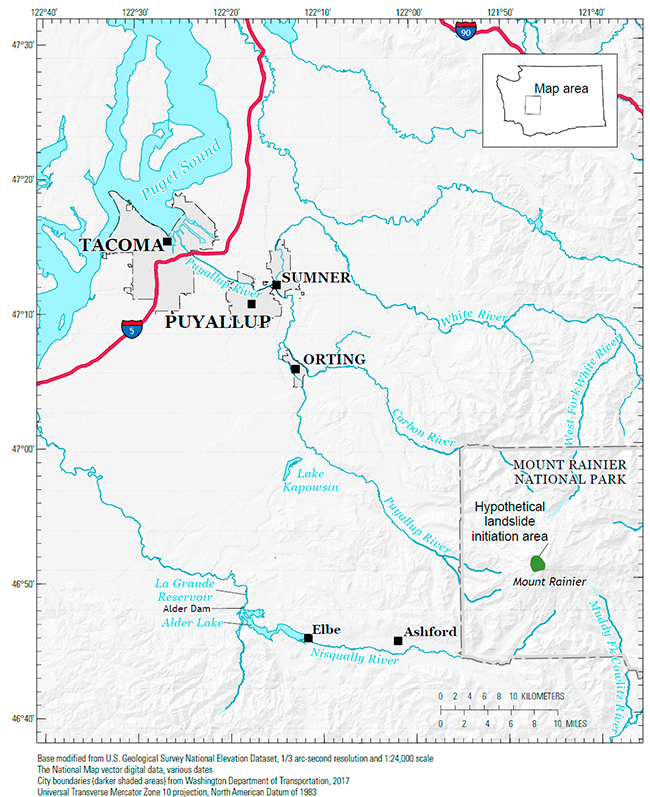 Location map of Mount Rainier and nearby communities, Mount Rainier National Park / USGS Modified 
