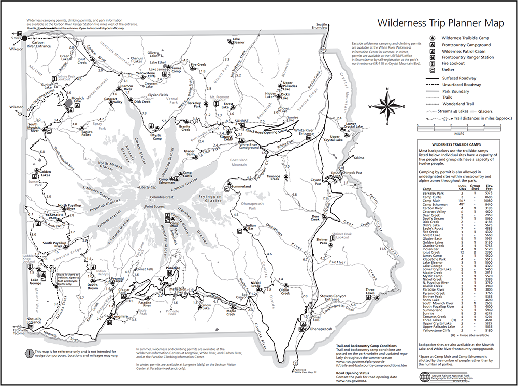 Outline of the Wonderland Trail around Mount Rainier National Park / NPS Wilderness Trip Planner map