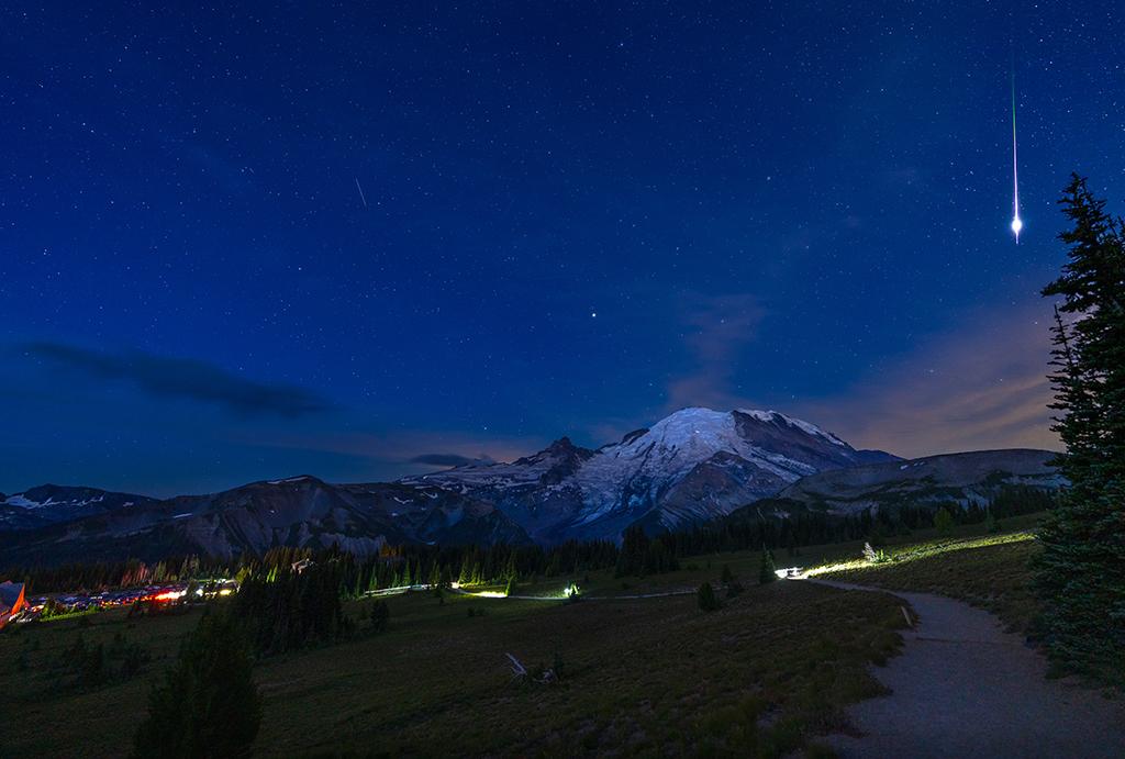 Car lights, hiker lights, and meteor light, Mount Rainier National Park / Rebecca Latson
