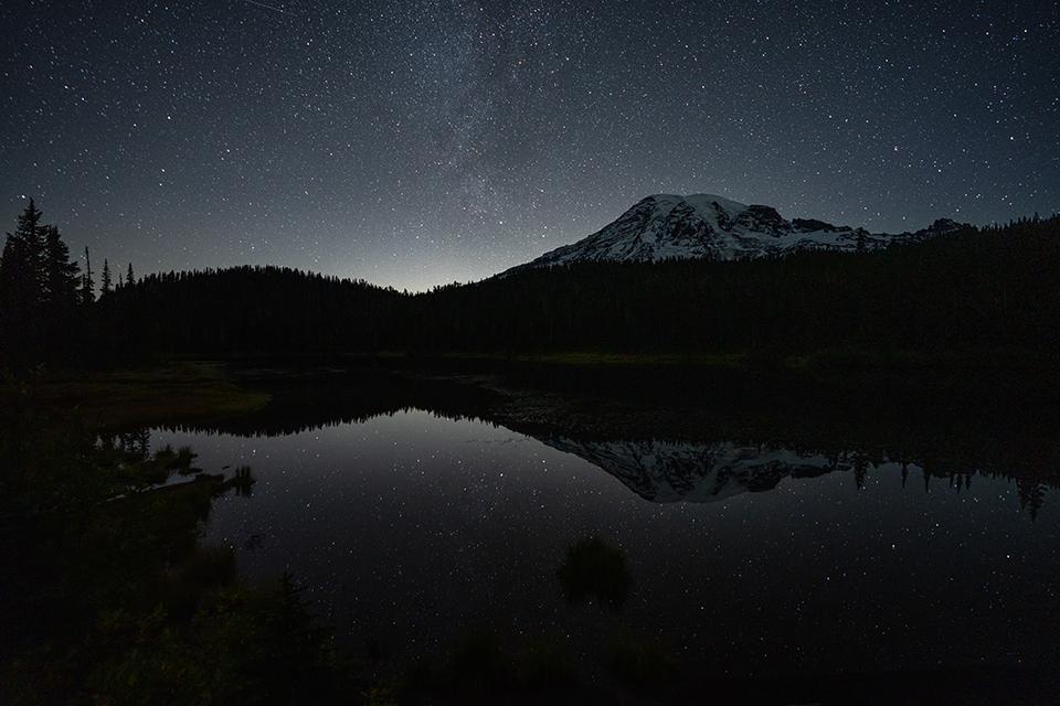 Pre-dawn stars and The Mountain at Reflection Lakes, Mount Rainier National Park / Rebecca Latson