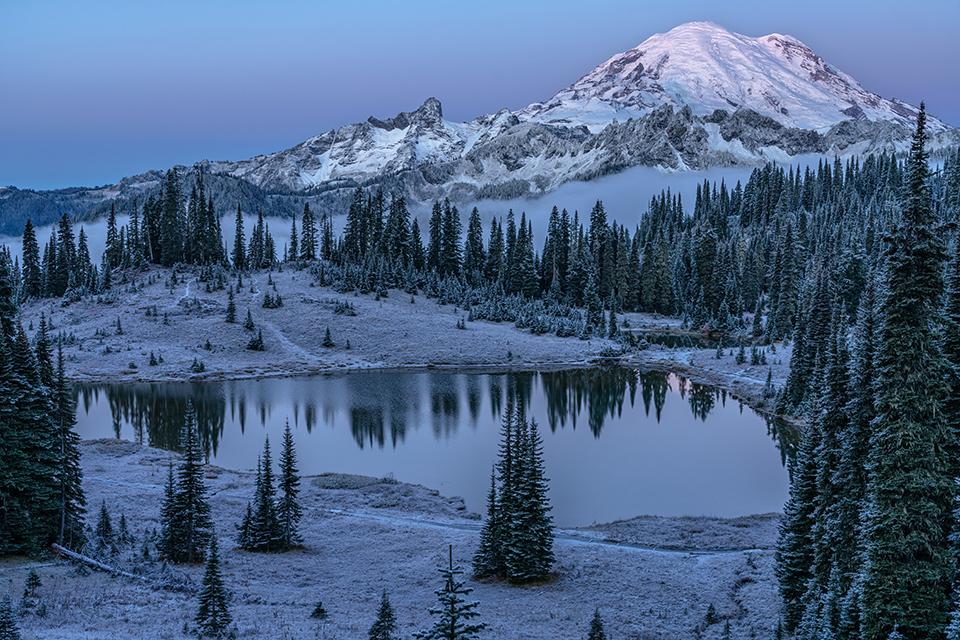 A frosty sunrise "kiss" on The Mountain, Mount Rainier National Park / Rebecca Latson