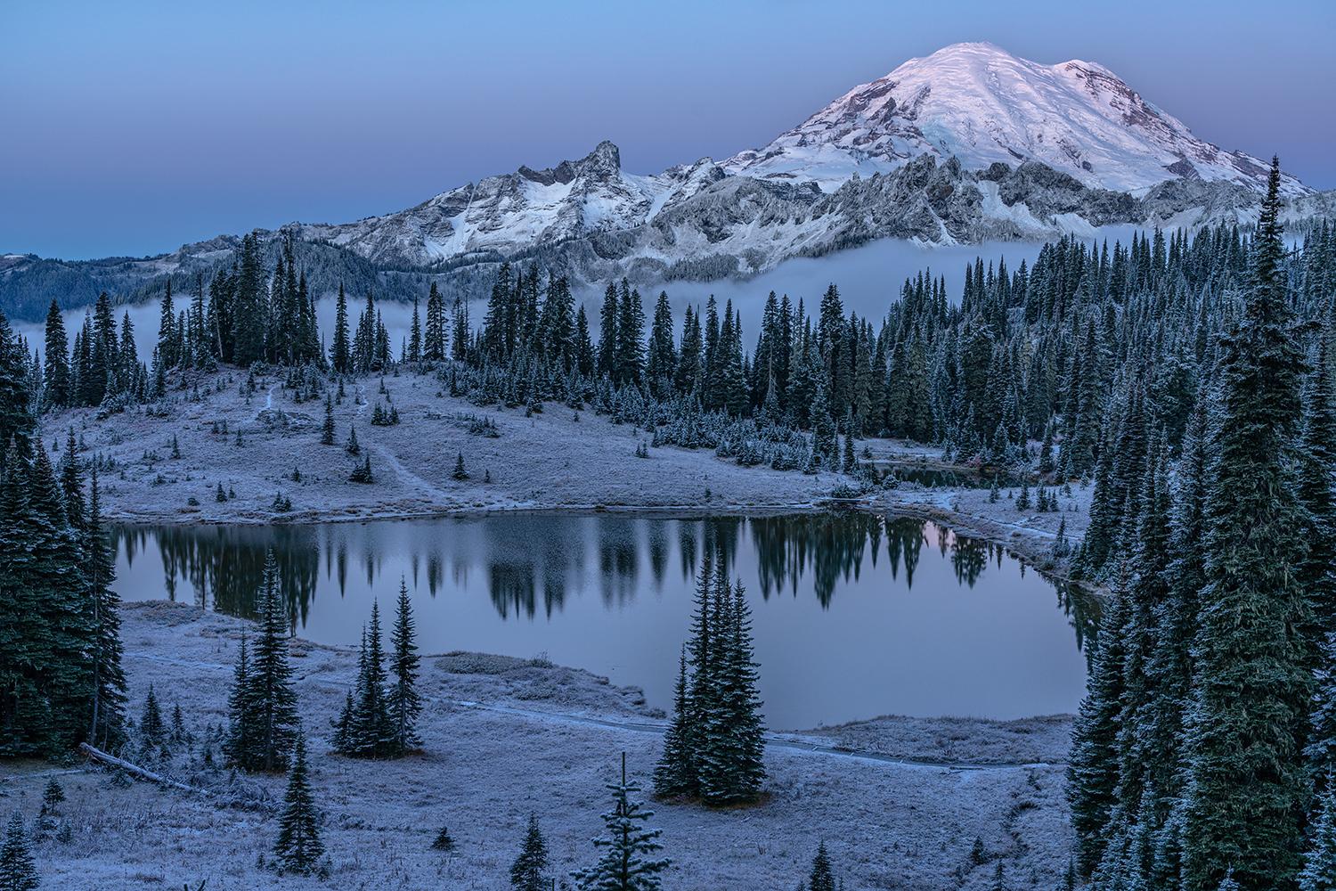 A frosty "blue hour" over Tipsoo Lake and "The Mountain," Mount Rainier National Park / Rebecca Latson