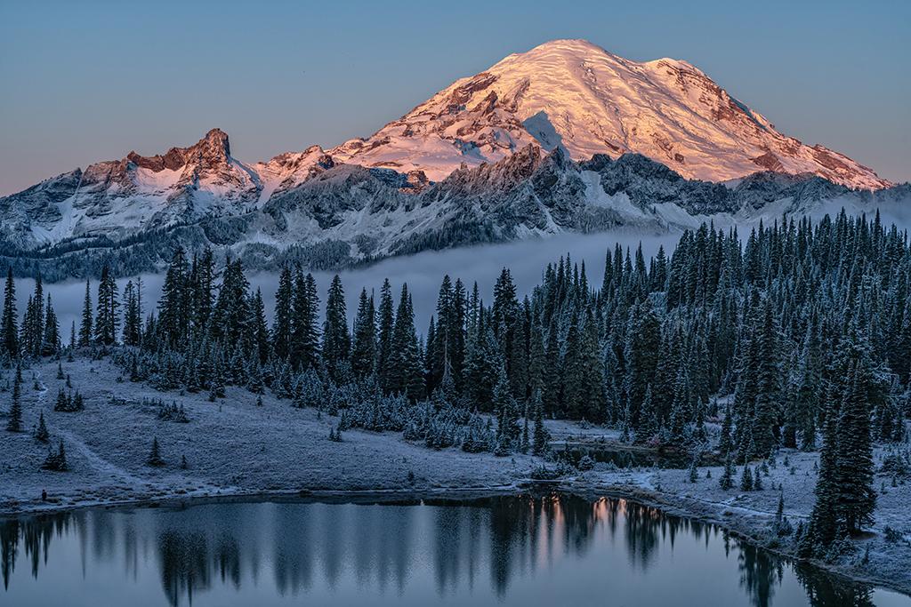 A frosty sunrise over "The Mountain" and Tipsoo Lake, Mount Rainier National Park / Rebecca Latson
