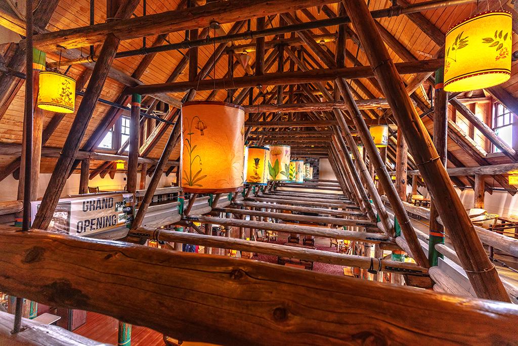 Historic architecture and hand-painted lanterns in the Paradise Inn, Mount Rainier National Park / Rebecca Latson
