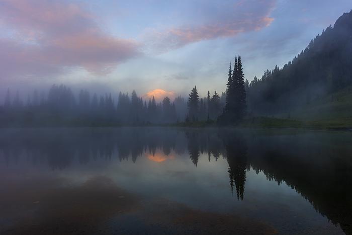 A misty sunrise at Tipsoo Lake, Mt. Rainier National Park / Rebecca Latson