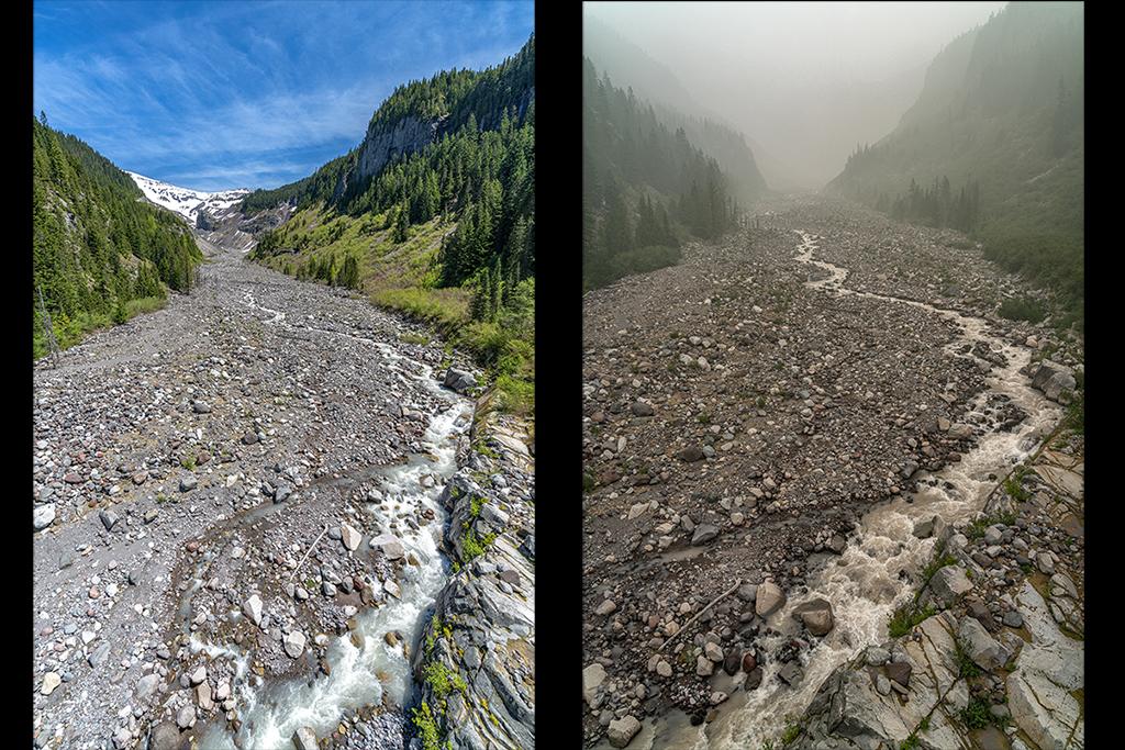 An upriver view of the Nisqually River, before and after an influx of wildfire smoke in Mount Rainier National Park / Rebecca Latson