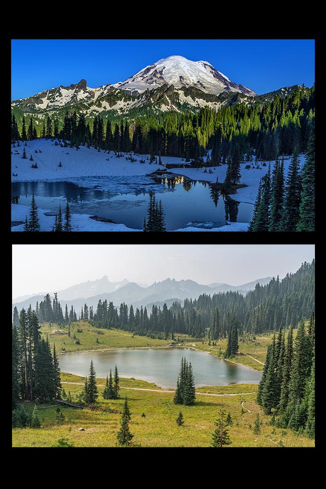 What the view looks like at Tipsoo Lake on a clear day, and what it looks like when wildfire smoke rolls in, Mount Rainier National Park / Rebecca Latson