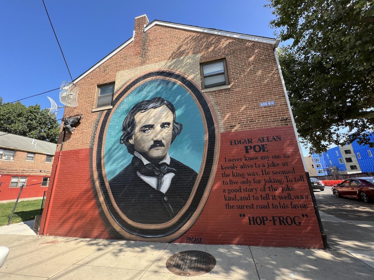 This mural of Edgar Allan Poe is on private property a block away from the national historic site.