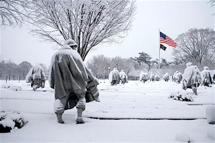 January 2016 snowfall added another layer of realism to the Korean Veterans War Memorial on the National Mall. Much of the Korean War was fought in bitter cold and snow. National Park Service photo