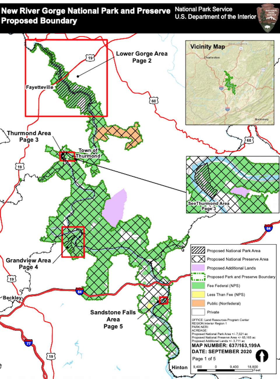 The four areas carrying "national park" distinction (in red boxes) are spread out across the New River Gorge/NPS