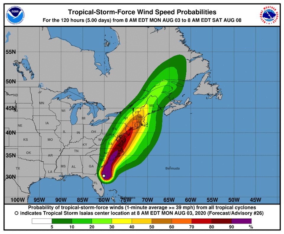 Isaias was to turn into a hurricane when it reached the Carolinas on Monday night/NHC