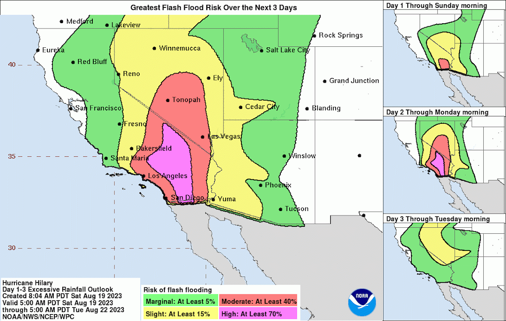 National Hurricane Center graphics predicted flash floods for Joshua Tree, Death Valley, and Mojave National Preserve/NOAA
