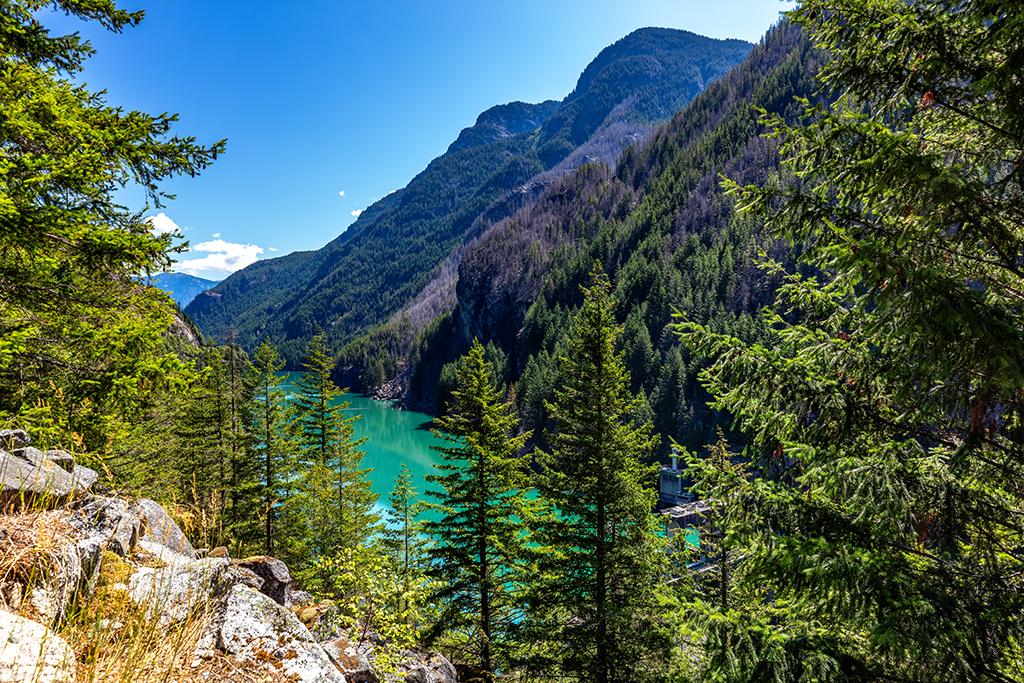 Gorge Lake and a small view of Gorge Dam, Ross Lake National Recreation Area, North Cascades Complex / Rebecca Latson
