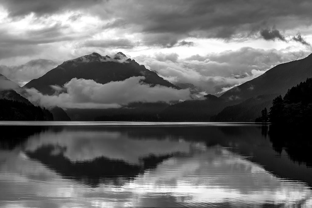 Monochrome moodiness at Lake Crescent, Olympic National Park /  Rebecca Latson