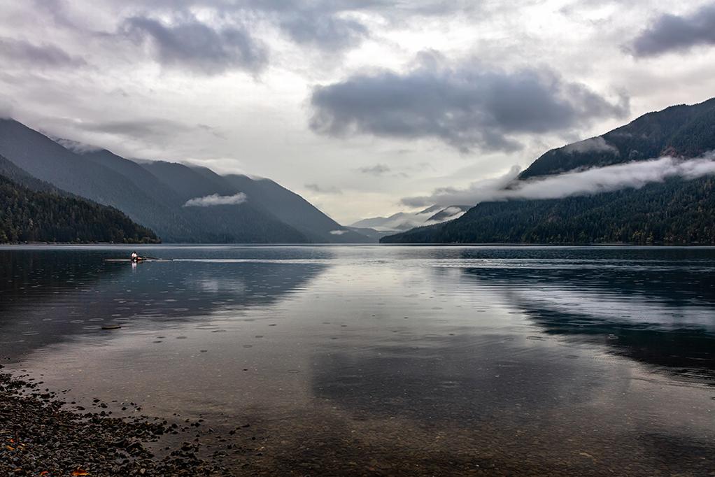 Sculling on Crescent Lake in the rain, Olympic National Park / Rebecca Latson