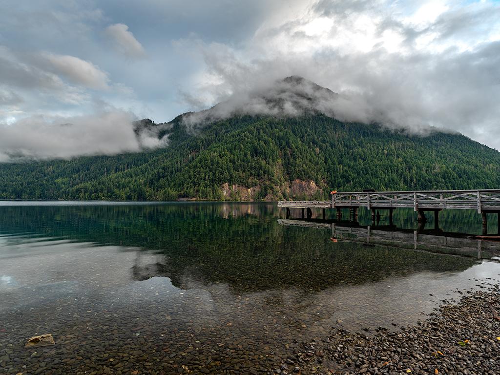 An early-morning view of the dock and scenery at Lake Crescent, Olympic National Park / Rebecca Latson