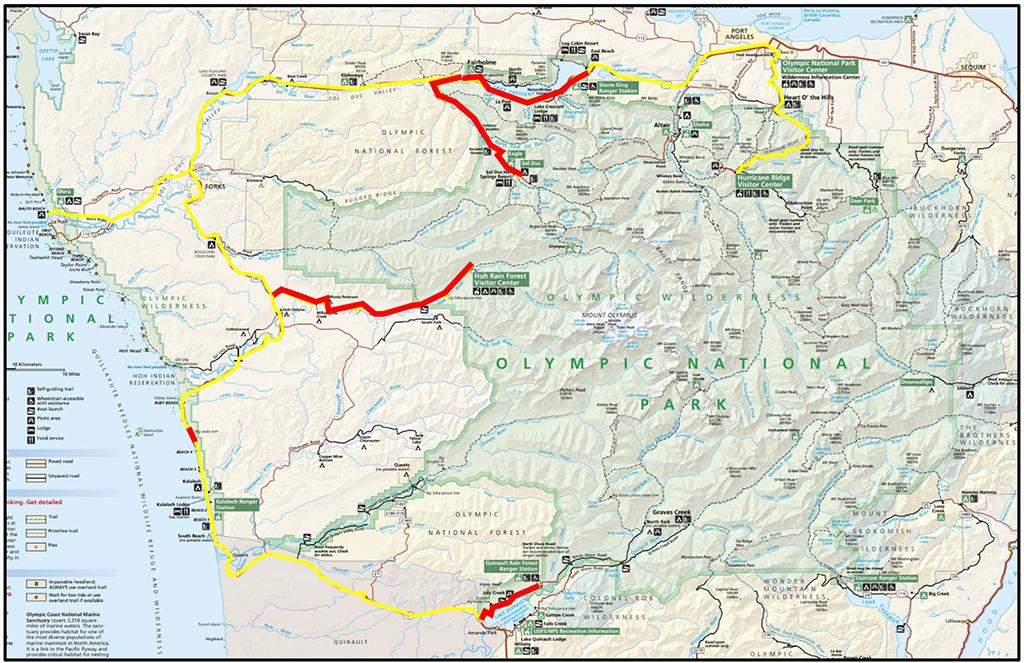 Photography route (yellow) to the park and forest (red), Olympic National Park / NPS / Rebecca Latson