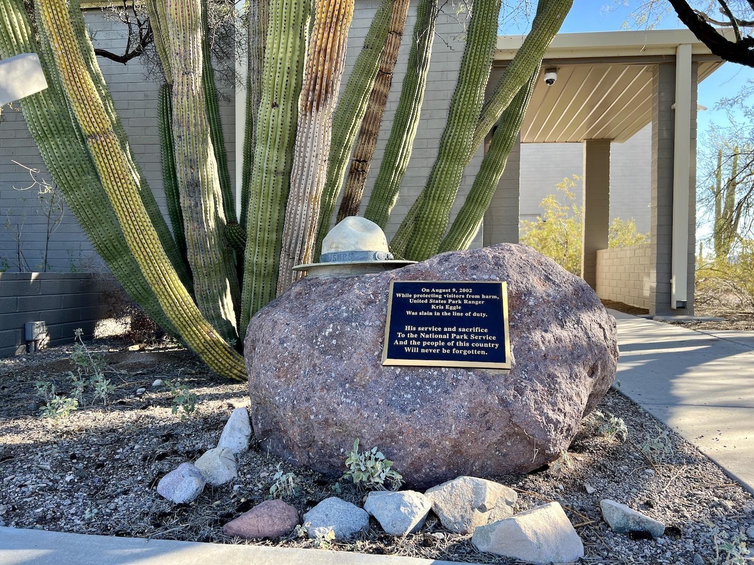 A memorial for murdered ranger Kris Eggle can be found under an organ pipe cactus at the Kris Eggle Visitor Center.