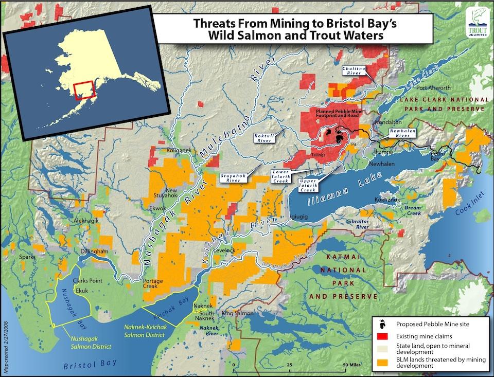 A map shows the proximity of the proposed Pebble Mine and other possible mining could have Bristol Bay and Katmai and Lake Clark national parks/Trout Unlimited