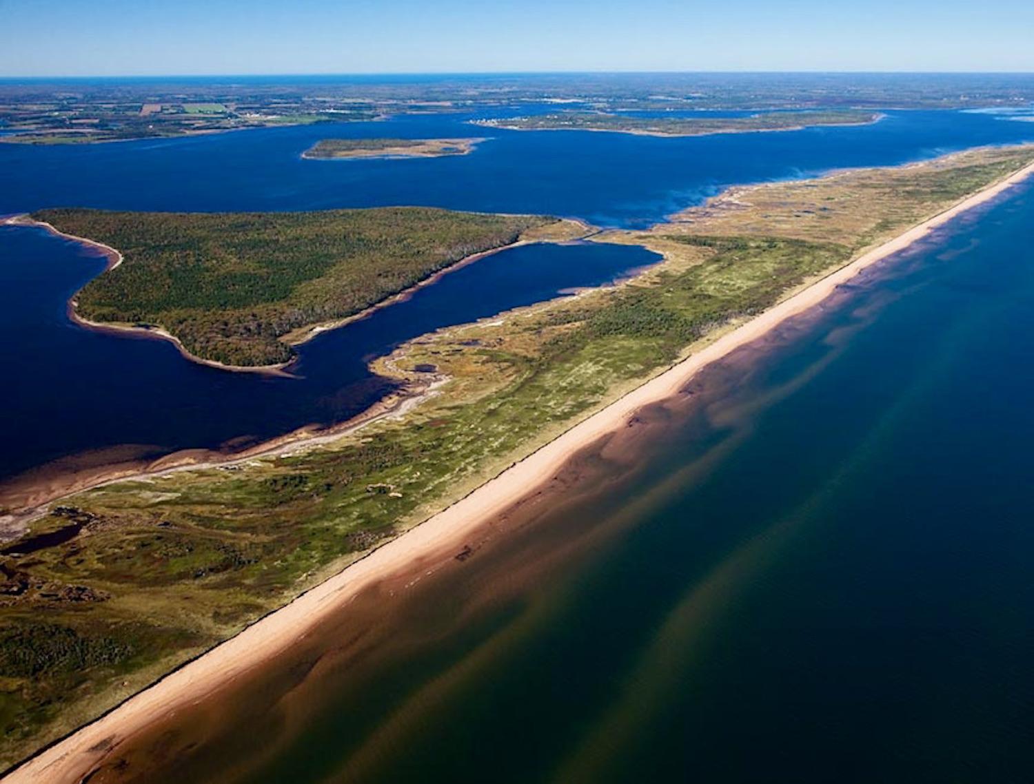 An aerial view of Pituamkek shows Hog Island (behind) and some of the Sandhills (foreground).