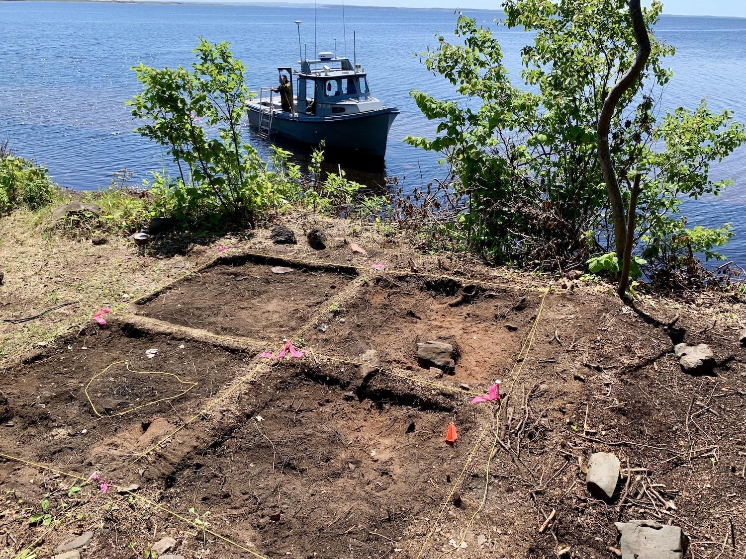 An active archaeological site on Hog Island — and the boat we got to the island on — at the proposed Pituamkek National Park Reserve.