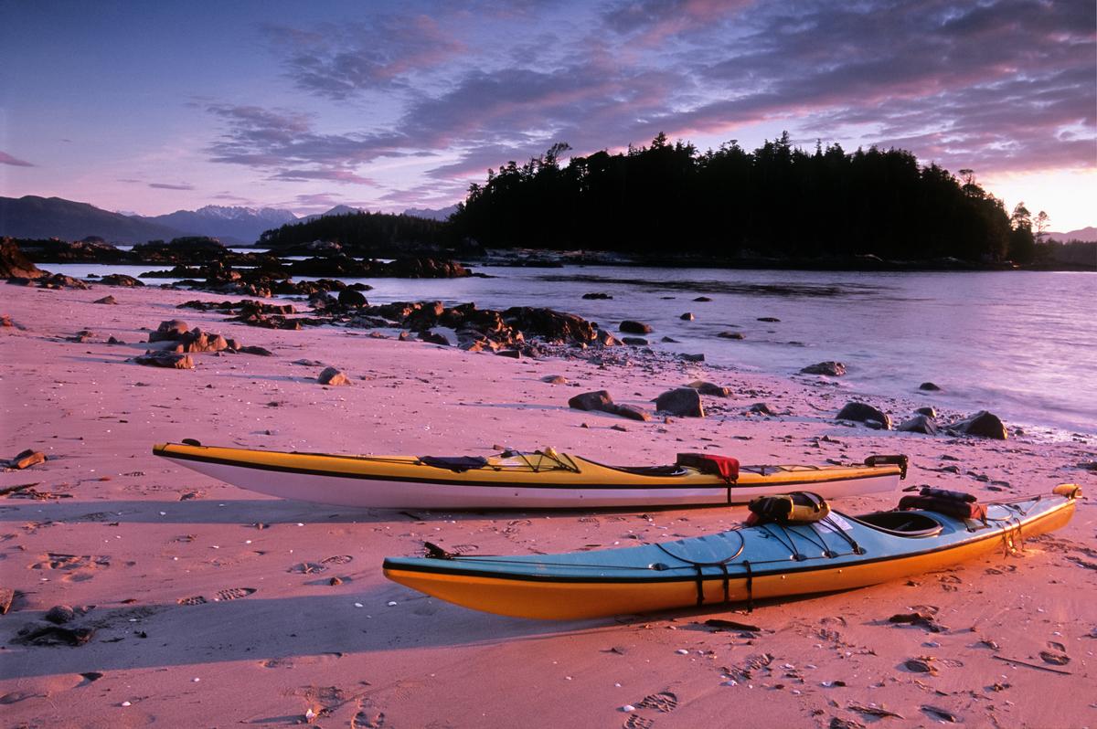 Kayaks on the beach in Pacific Rim National Park Reserve.
