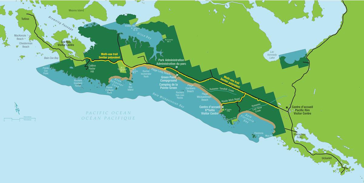A map shows the pathway in yellow on park reserve land along a highway between Tofino and Ucluelet.