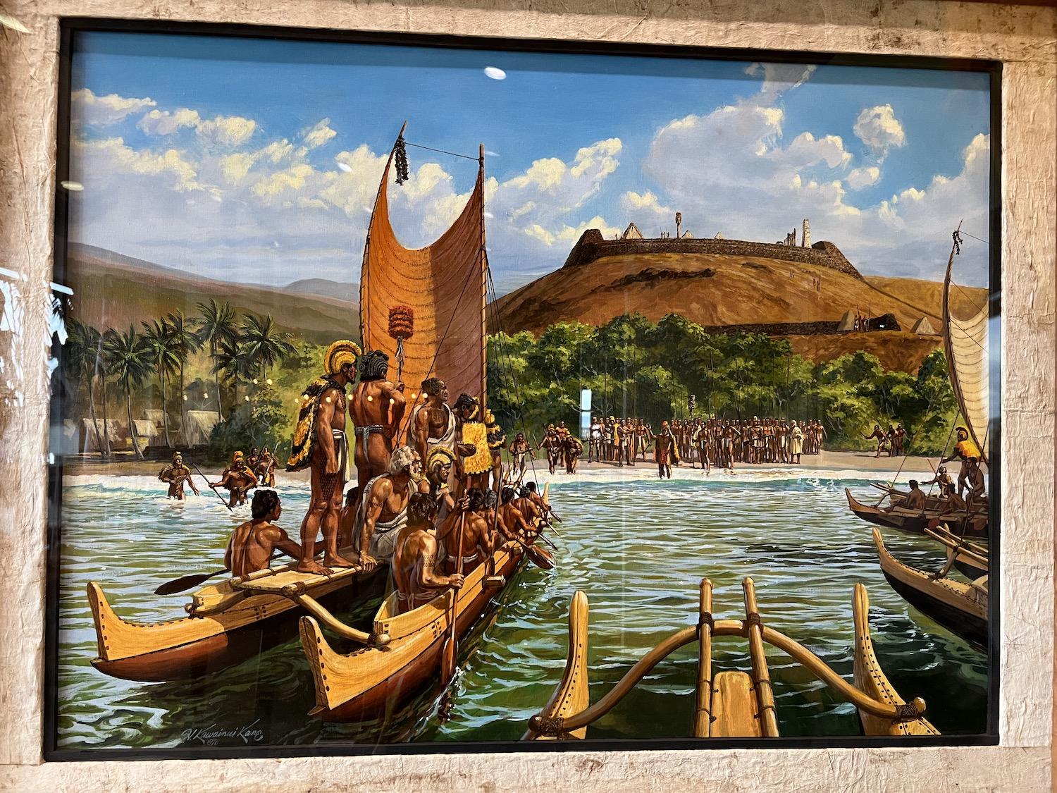 One of three paintings the NPS commissioned from Herb Kawainui Kāne, this is titled "A Ceremony at Puʻukoholā Heiau" and depicts a pivotal event in the history of the Hawaiian Islands.