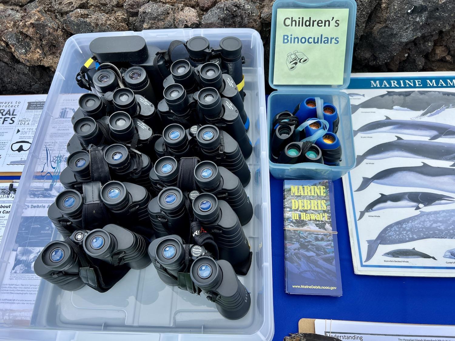 Park visitors can borrow binoculars from Hawaiian Islands Humpback Whale National Marine Sanctuary volunteers during whale-watching season on Tuesdays from January to March.