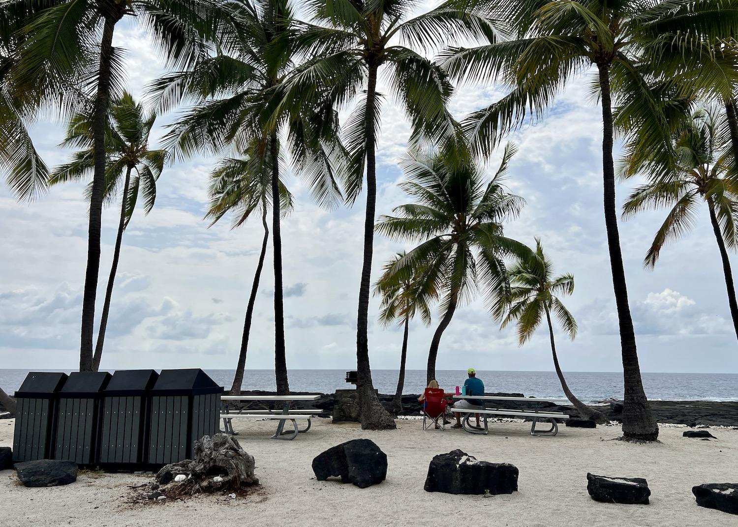 This quiet beachfront area of Pu'uhonua is outside of the Royal Grounds and an appropriate spot for picnics and bathing suits.