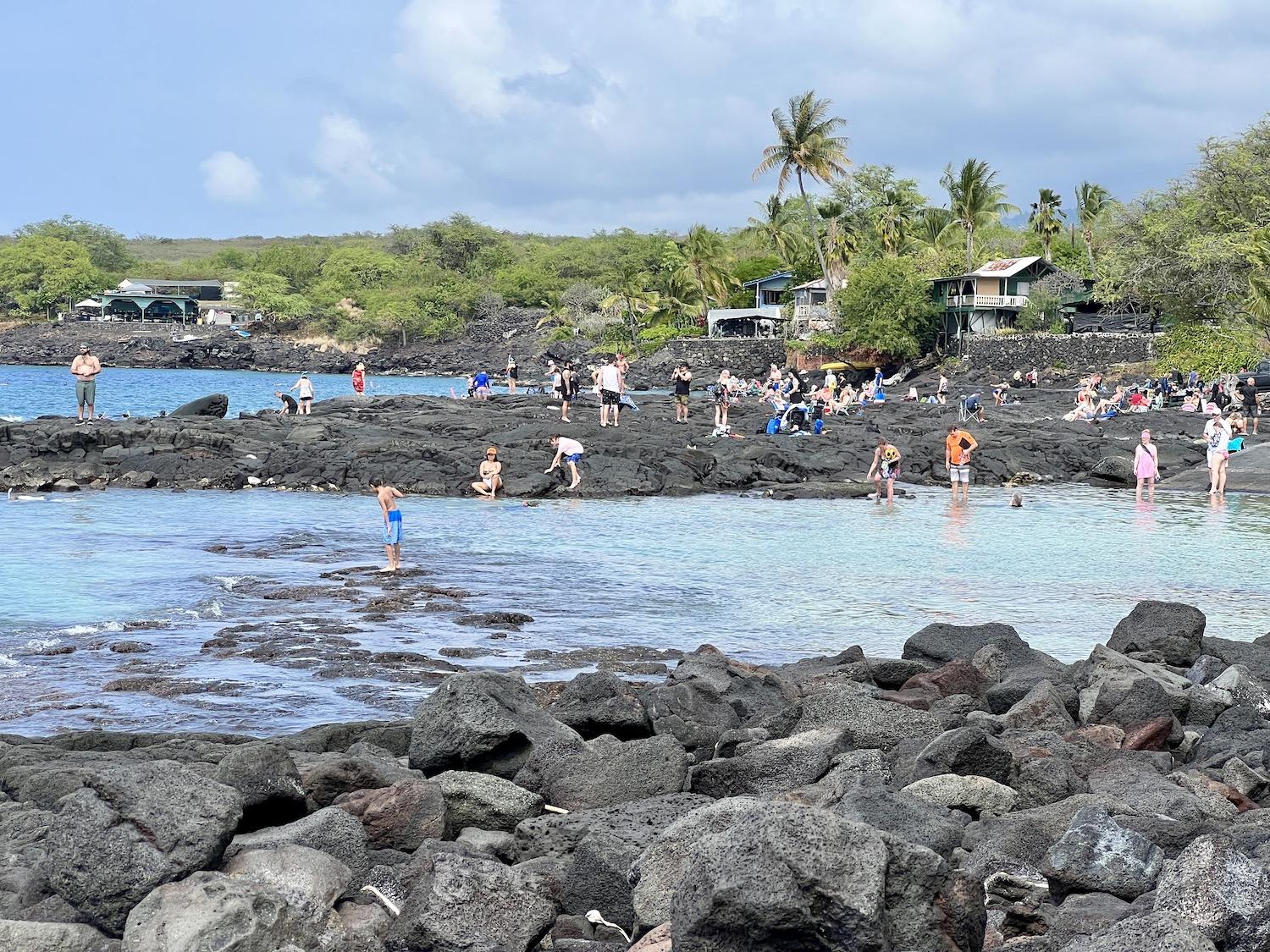 Standing in the national historical park, this is the view of the busy snorkel spot next door known as 2-Step (Two Step).