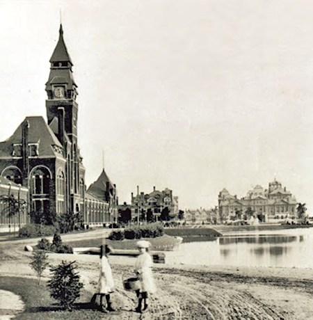 Ca. 1885, view of Lake Vista with the Administration Building to the left, the Hotel Florence in the rear center, and the Arcade Building to the right/Illinois Historic Preservation Agency