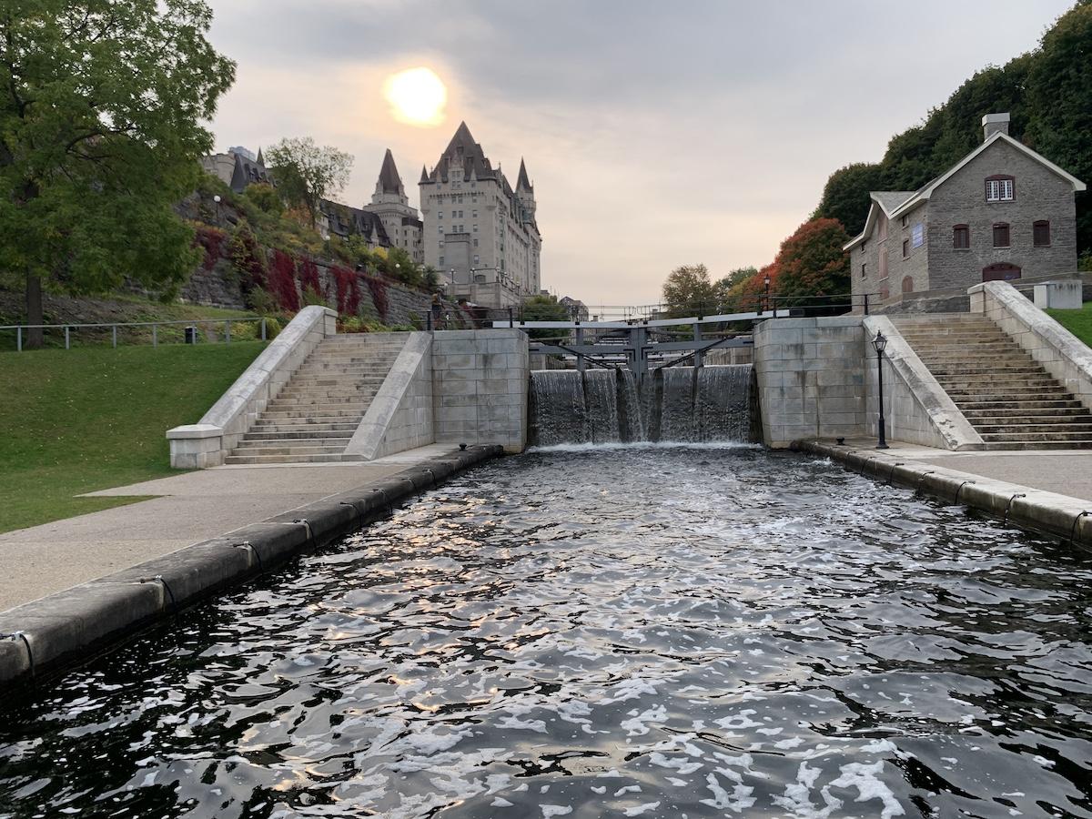 In Ottawa, there is a flight of locks near Parliament Hill and the Fairmont Chateau Laurier.